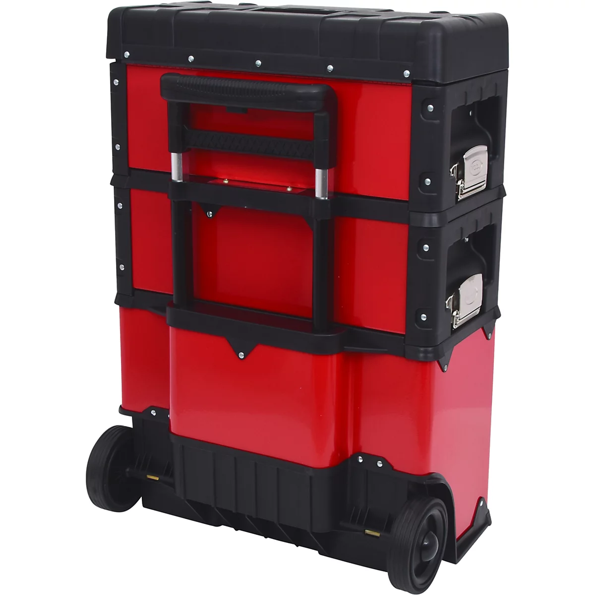 Roter Werkzeugkoffer mit Rollen. Schwarze Deckel und ein ausziehbarer Griff.