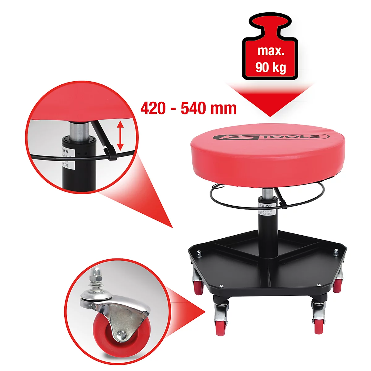 Ein roter Werkstatthocker mit schwarzem Untergestell. Details zeigen die höhenverstellbare Sitzfläche, die Rollen und die maximale Tragfähigkeit.