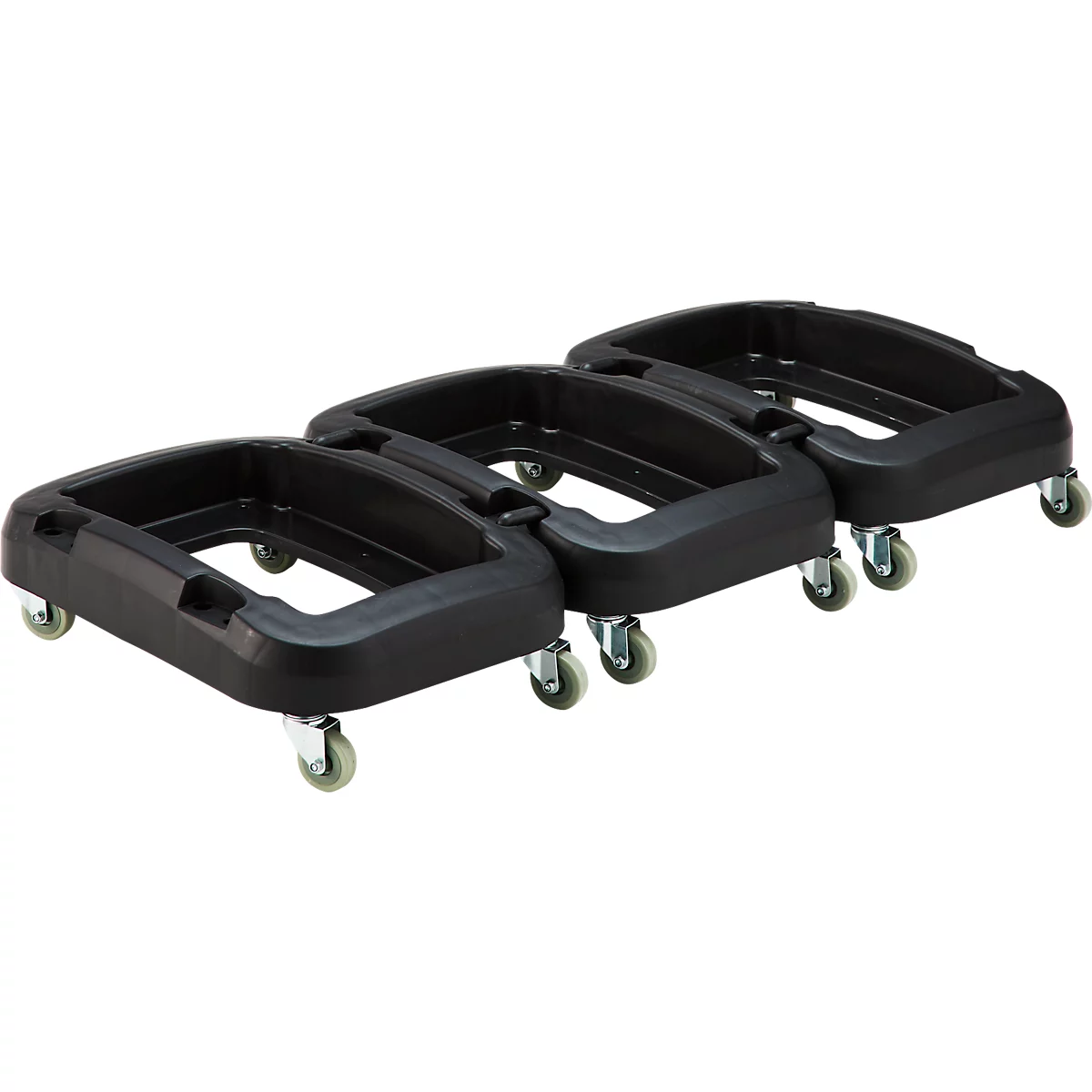 Drei schwarze Transporter auf Rollen, die ineinander gesteckt sind.