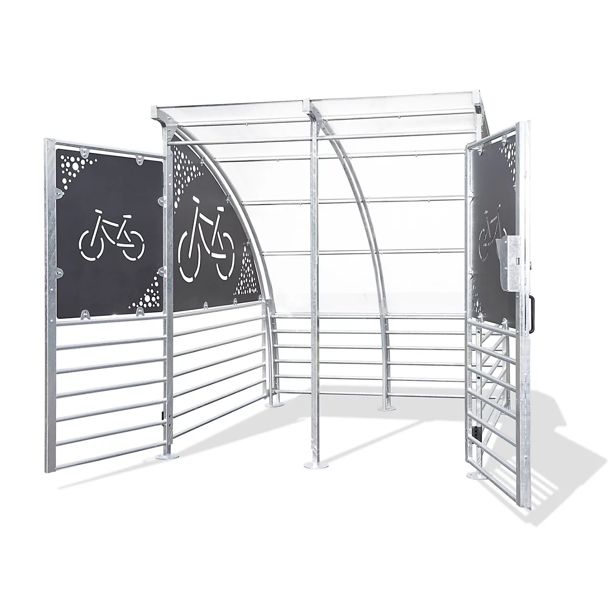 Fahrradunterstand aus Metall mit geöffneter Tür, Fahrradsymbolen und transparentem Dach.