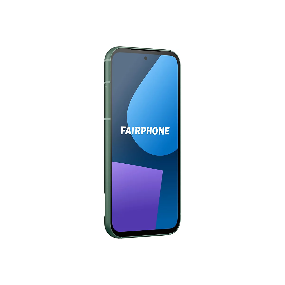 Ein Fairphone-Smartphone vor weißem Hintergrund. Der Bildschirm zeigt ein blau-violettes abstraktes Design mit dem Schriftzug FAIRPHONE.