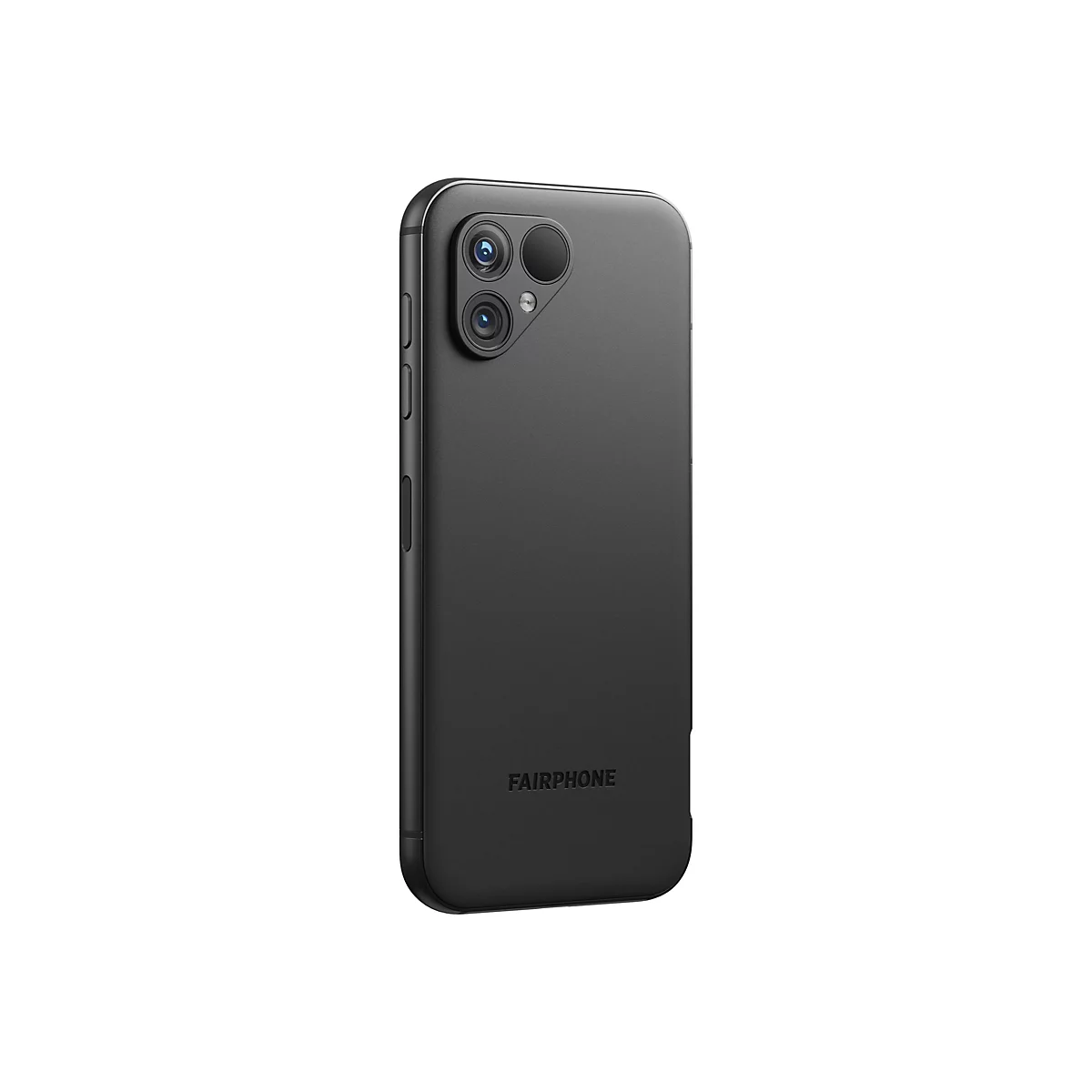 Schwarzes Fairphone-Handy, Rückseite mit zwei Kameras, leicht geneigt, mit Fairphone-Logo.