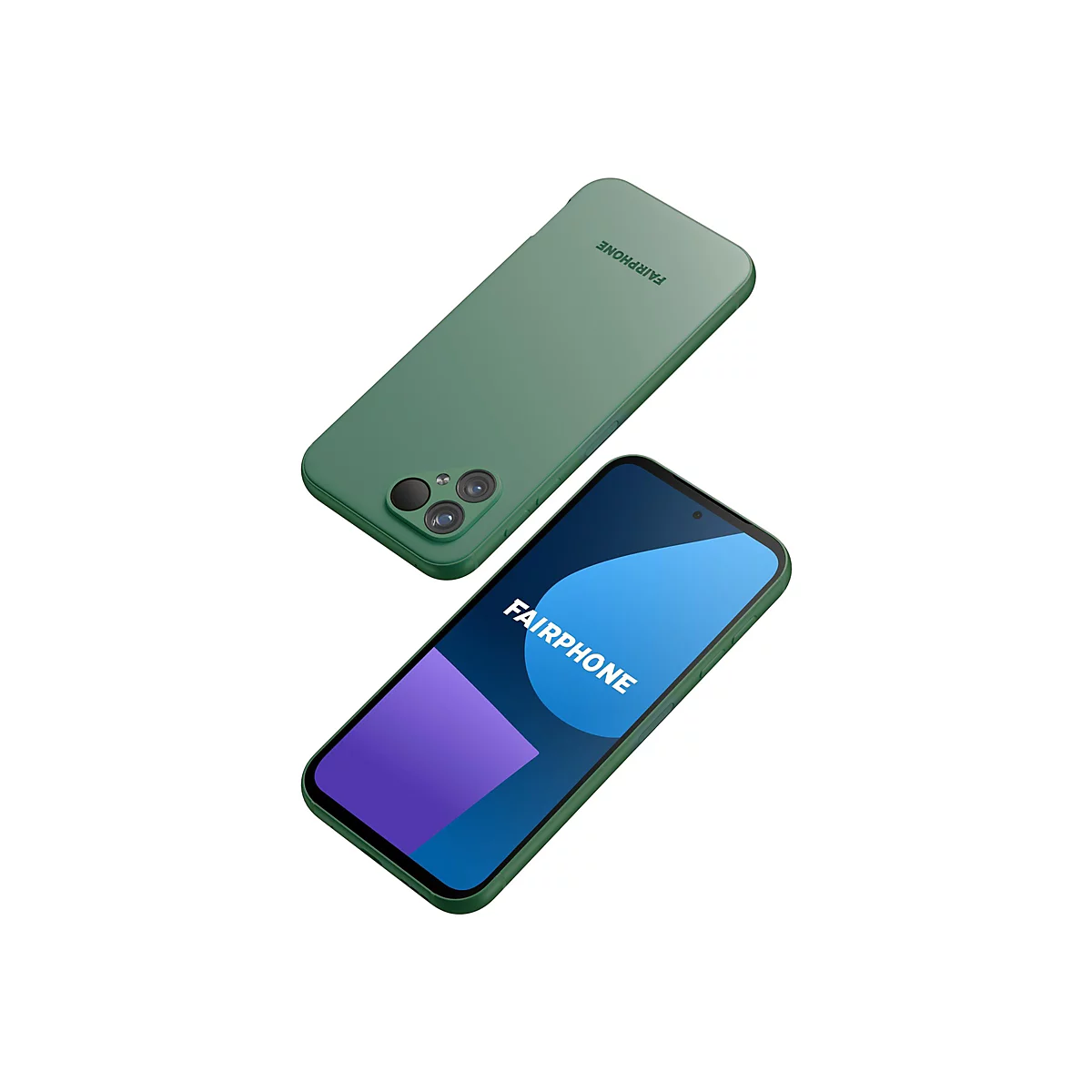 Deux smartphones Fairphone. L'un est couché, l'autre est ouvert. Tous deux verts, avec le logo de l'entreprise.