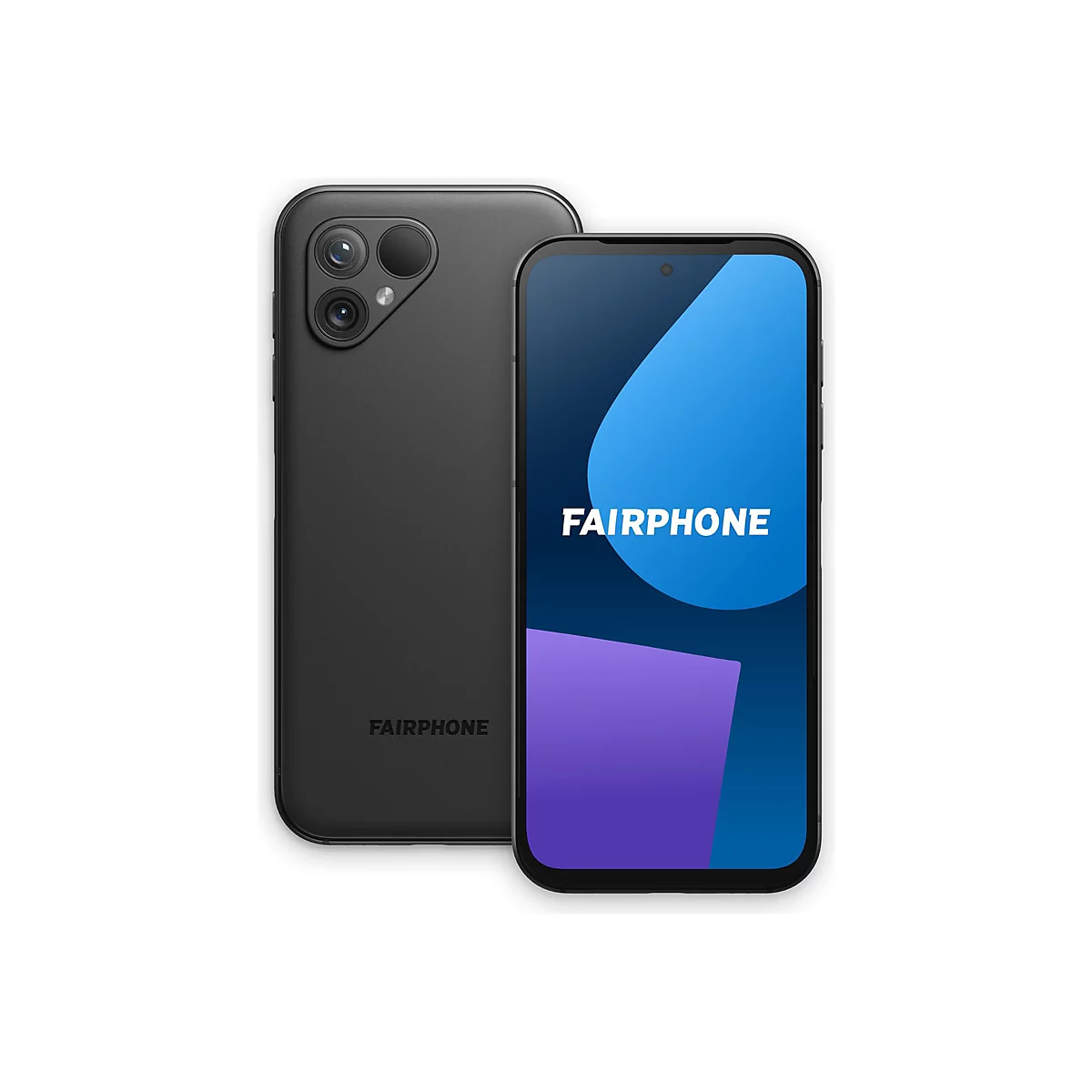 Deux smartphones Fairphone noirs sur fond blanc. L'un affiche le logo, l'autre le dos avec les caméras.