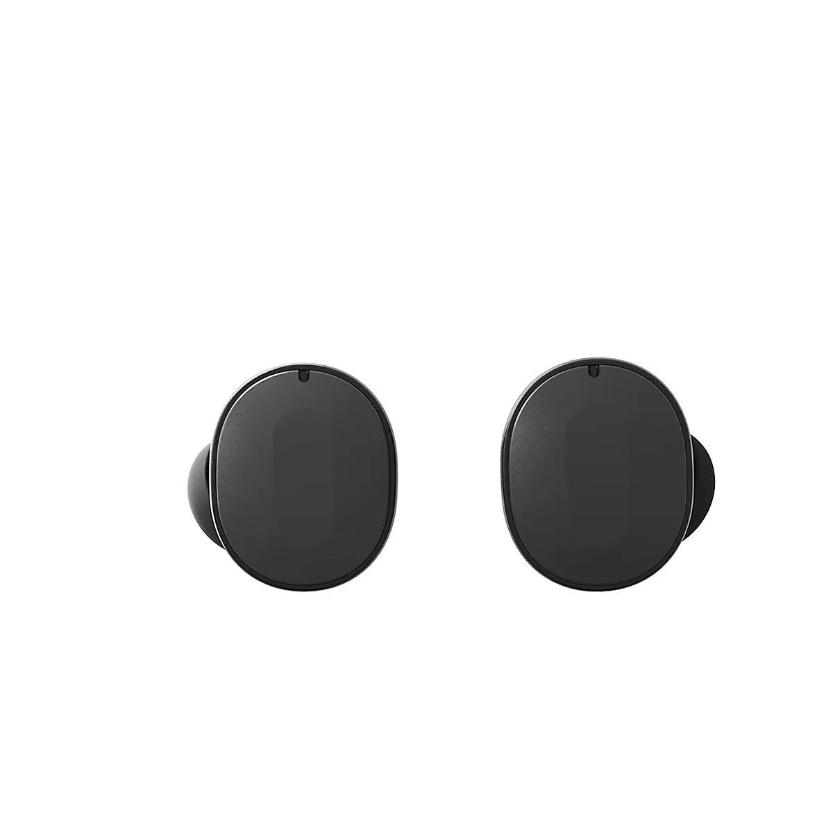 Deux écouteurs noirs ovales sur fond blanc. Chacun a une forme légèrement arrondie, avec un petit accent noir.