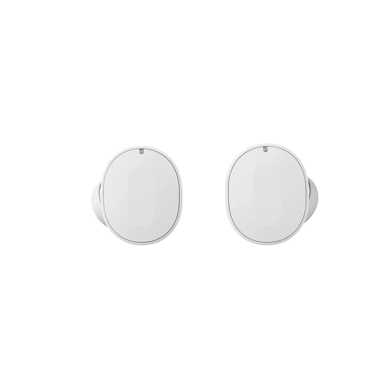 Deux écouteurs sans fil blancs sur fond blanc. Les écouteurs sont ovales et chacun a un petit bouton rond.