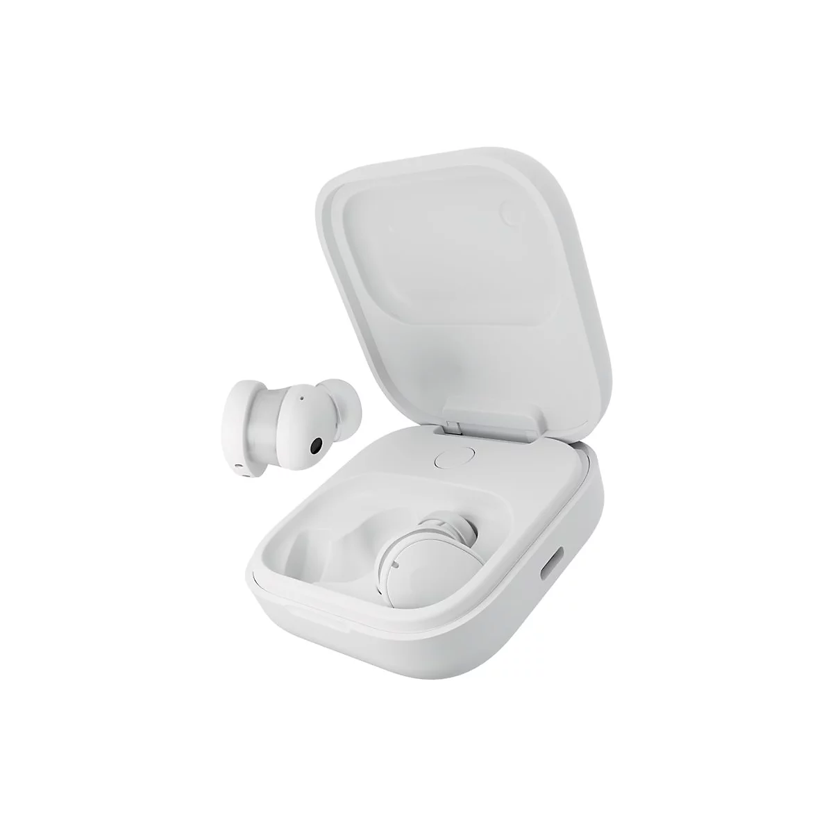 Weiße True-Wireless-Kopfhörer mit geöffnetem Ladecase, einzelner Kopfhörer schwebt daneben.