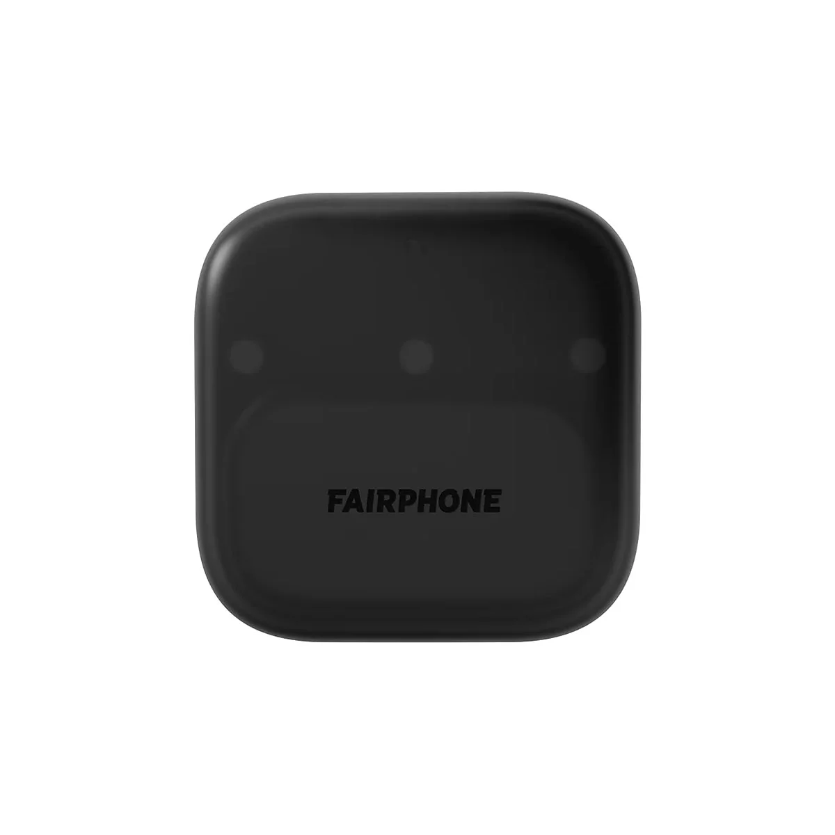 Schwarze, quadratische Fairphone-Ladebox mit abgerundeten Ecken und mittigem Schriftzug vor weißem Hintergrund.