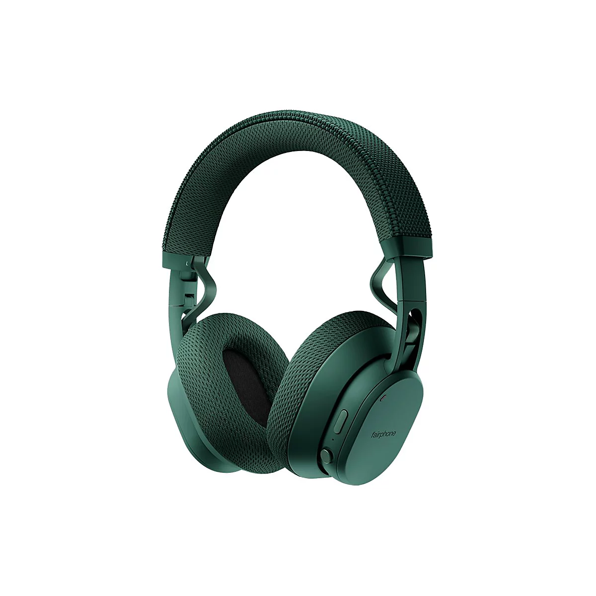 Casque audio vert foncé, vue détaillée. Arceau rembourré, coussinets d'oreille, étiquette "fairphone".