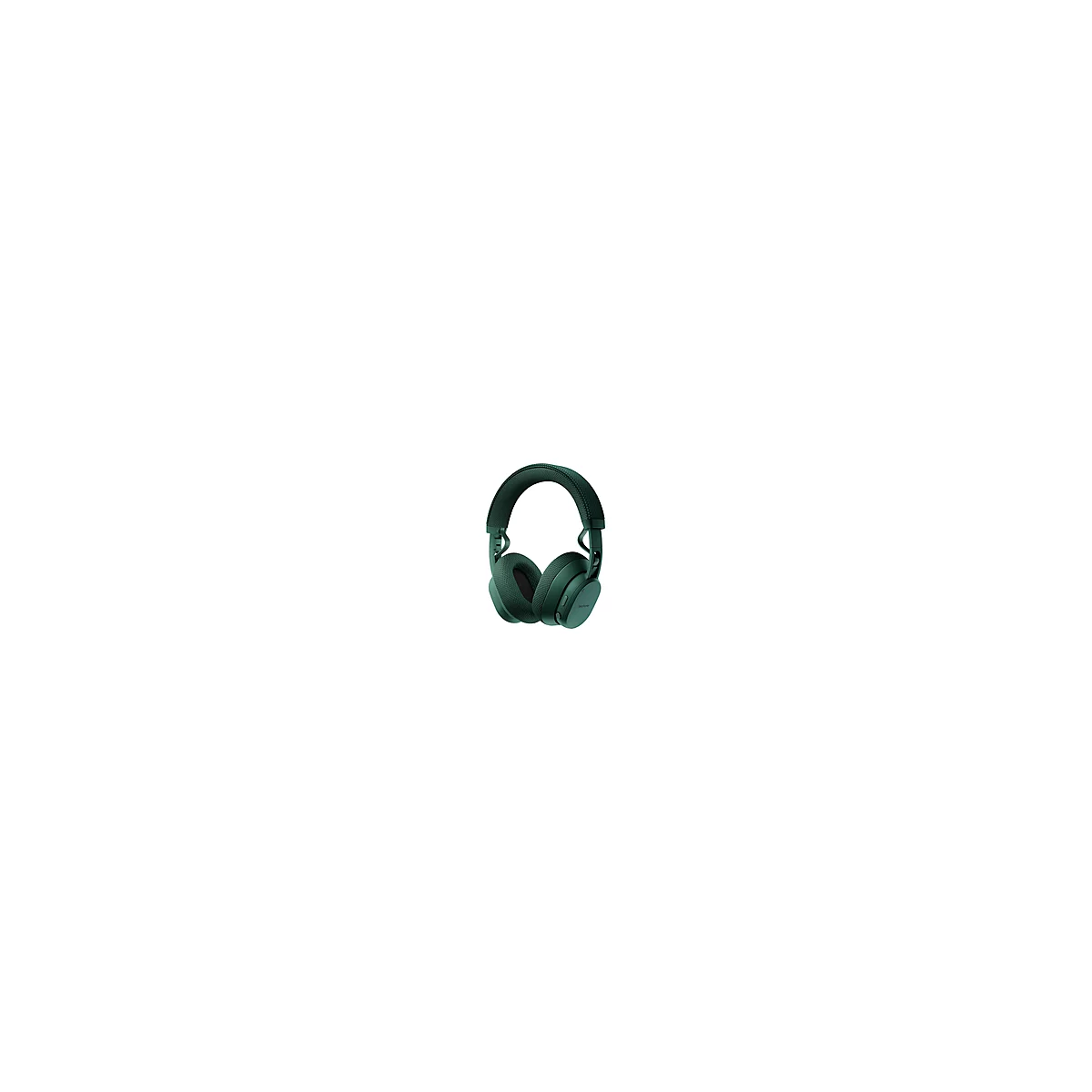 Casque audio vert foncé, plan rapproché avec coussinets d'oreille rembourrés et bandeau réglable.