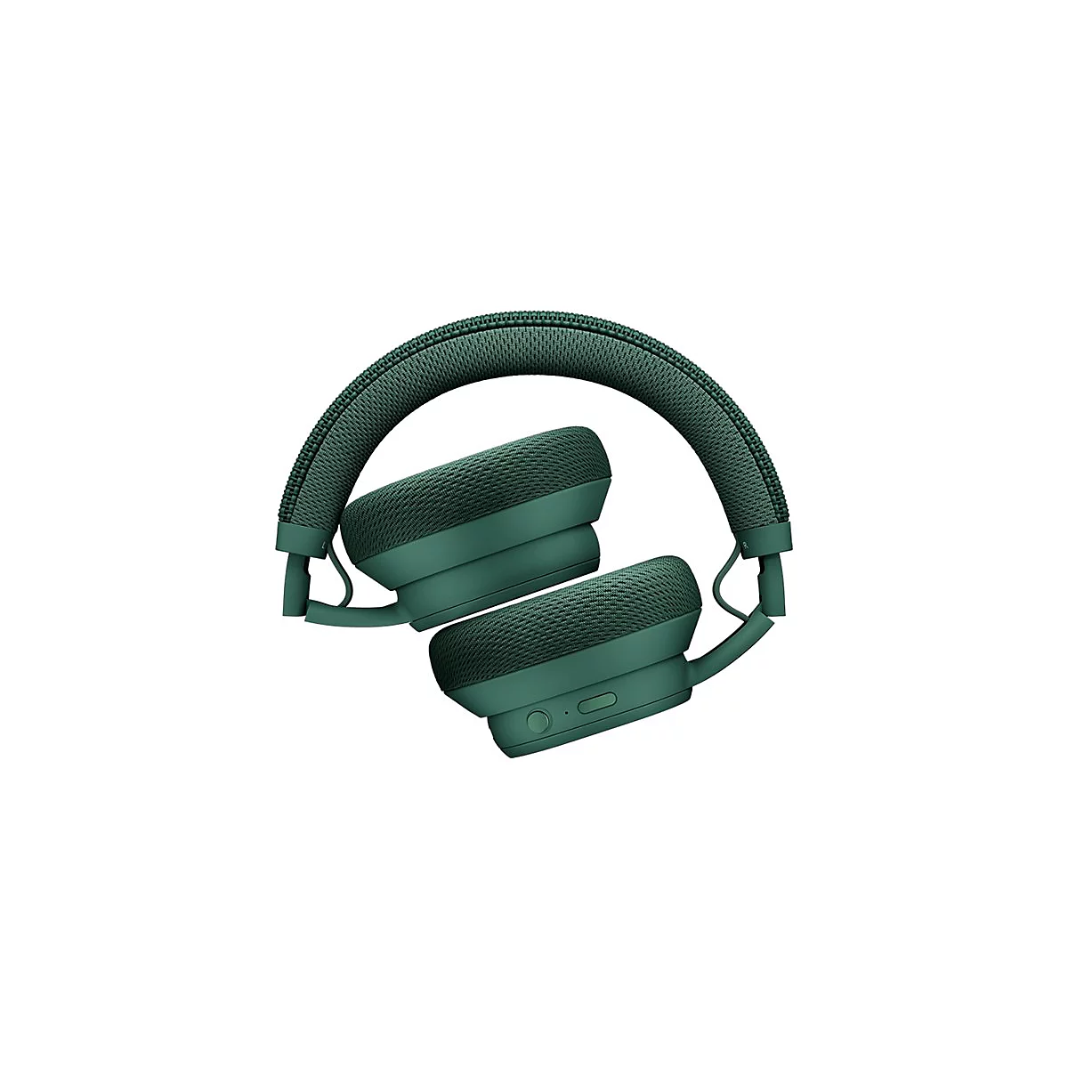 Casque audio vert foncé, plié, sur fond blanc. L'arceau et les écouteurs sont recouverts de tissu texturé.