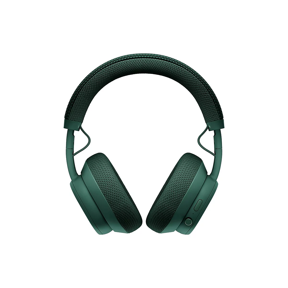 Casque vert foncé, de face sur fond blanc. Les écouteurs et le bandeau sont rembourrés.