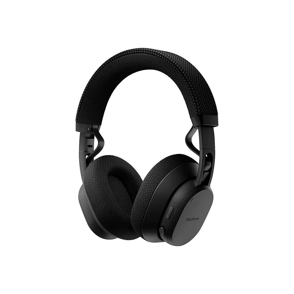 Casque supra-auriculaire noir sur fond blanc. L'arceau est recouvert de mesh, avec le logo "fairphone" visible.
