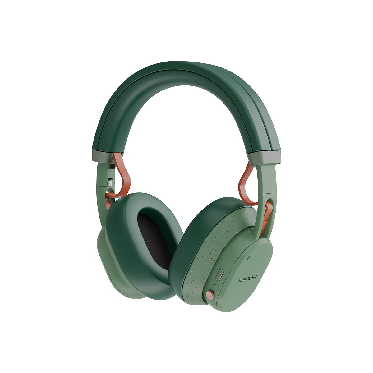 Grüne Kopfhörer mit braunen Akzenten und dem Schriftzug FAIRPHONE.