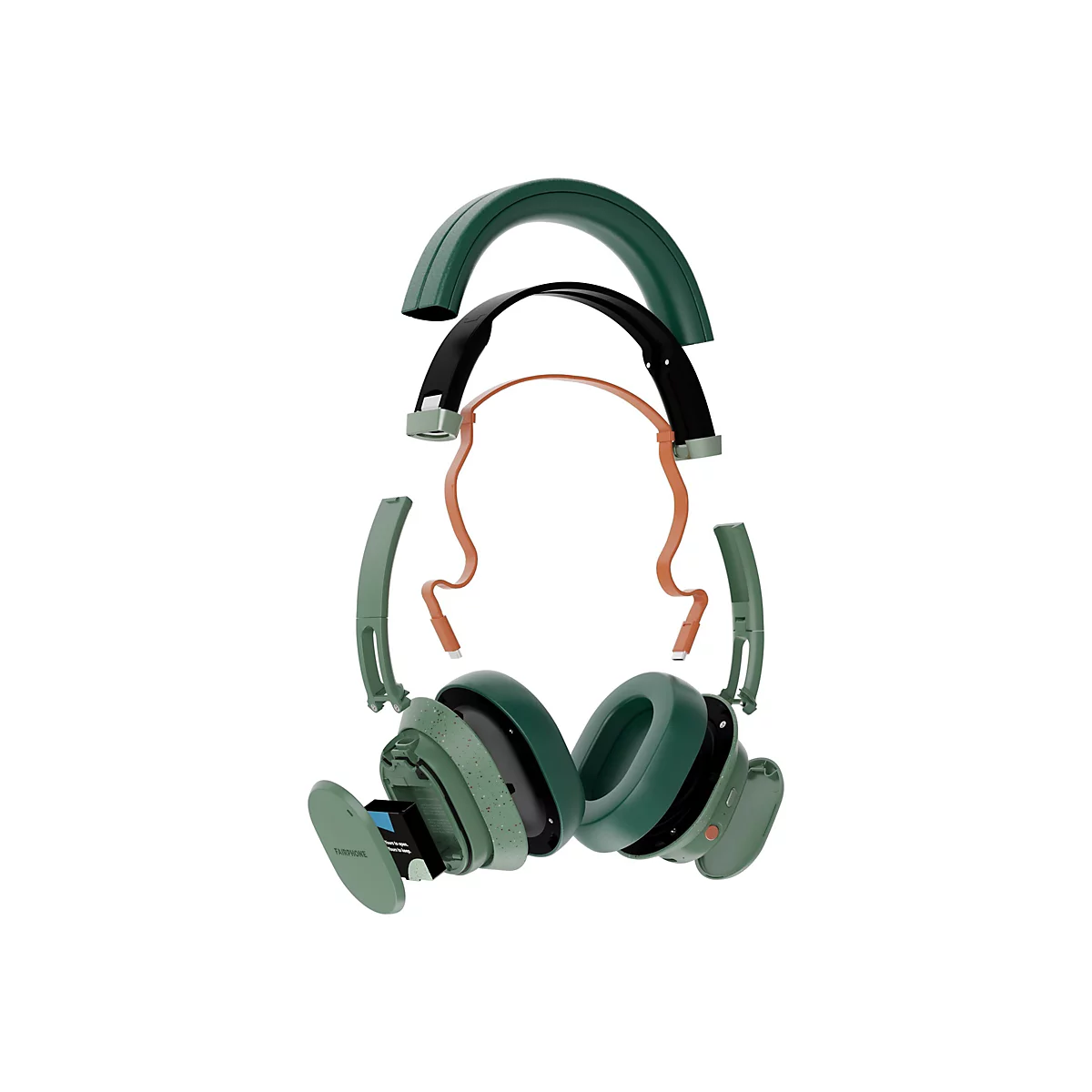 Explosionszeichnung eines grünen Kopfhörers in Einzelteilen. Der Kopfbügel, die Ohrpolster und die Innenkomponenten sind auf weißem Hintergrund zu sehen.