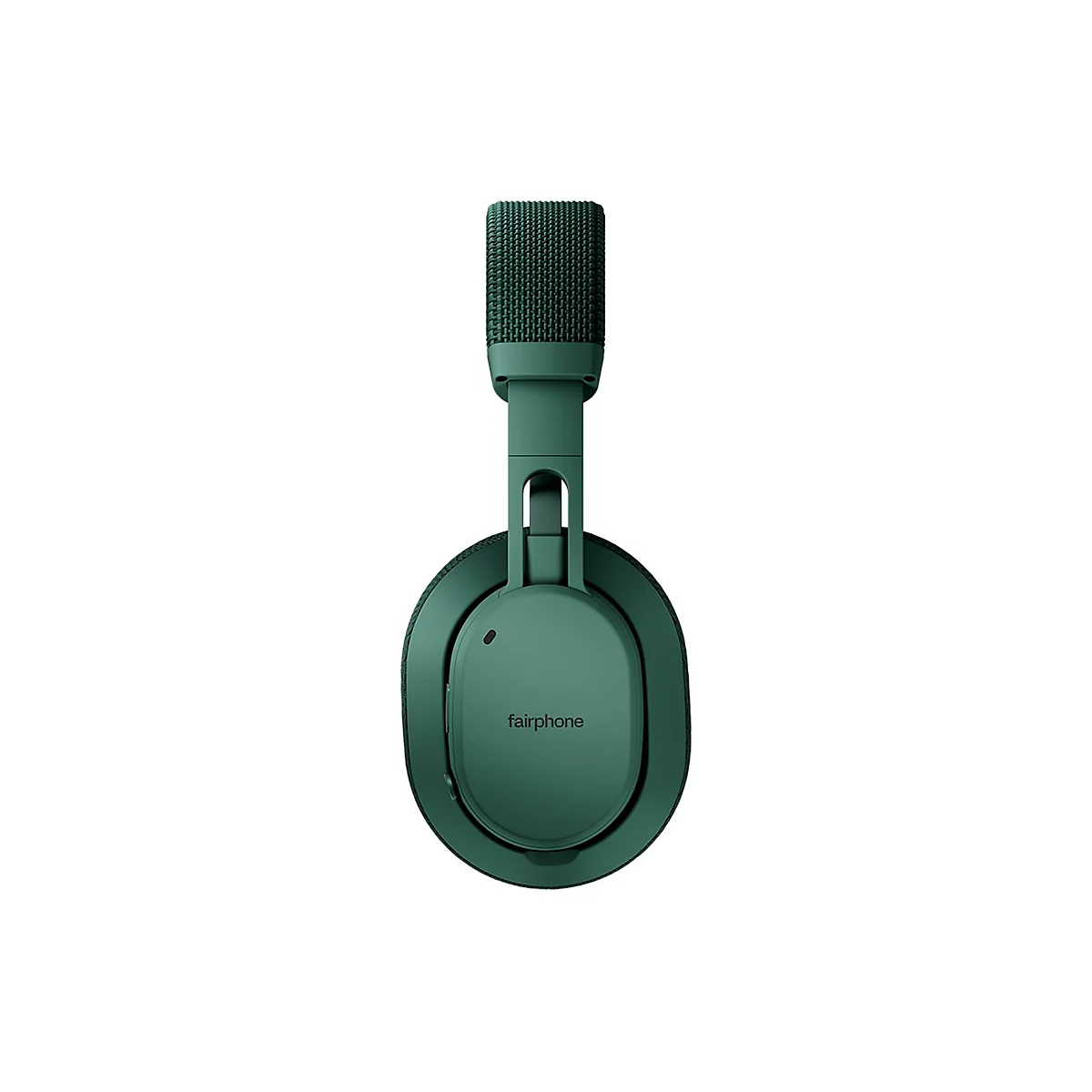 Grünes Over-Ear-Headset mit Mikrofon, Marke fairphone. Detailaufnahme vor weißem Hintergrund.