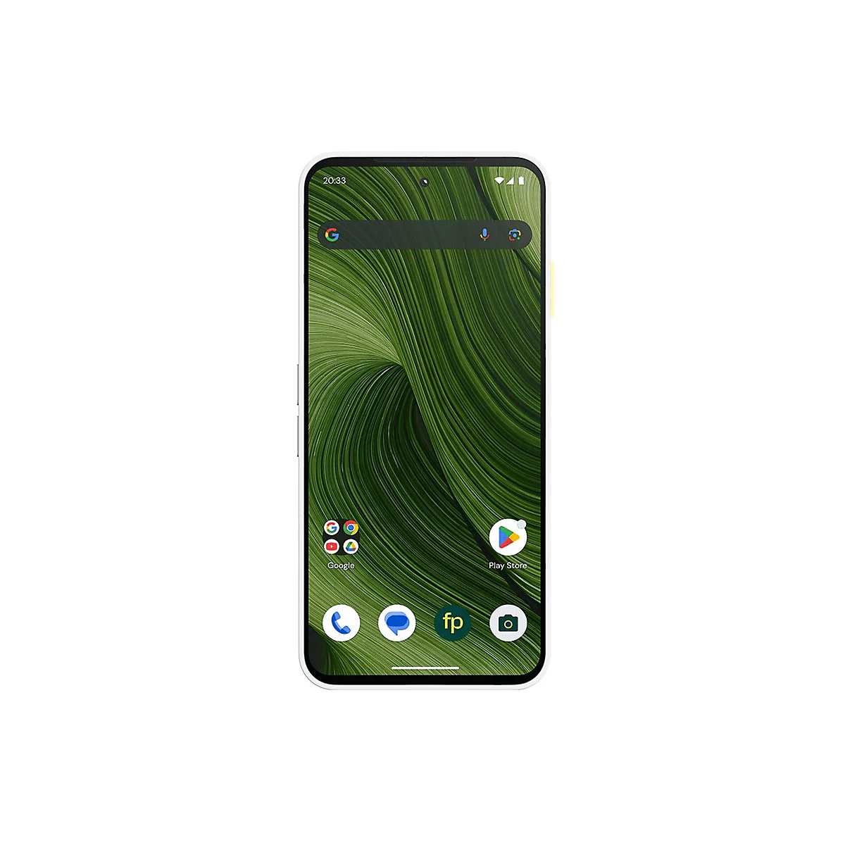 Affichage smartphone avec fond à motifs verts. Des applications comme Google, Play Store, Téléphone et Appareil photo sont visibles.