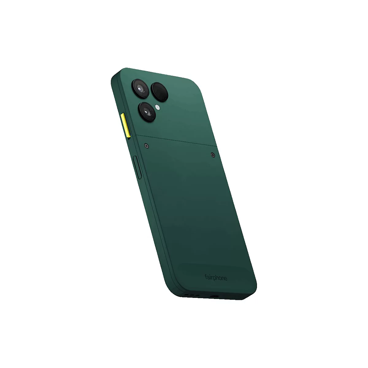 Dunkelgrünes Fairphone-Smartphone mit drei Kameraobjektiven, gelbem Knopf und Fairphone-Logo. Auf weißem Hintergrund.