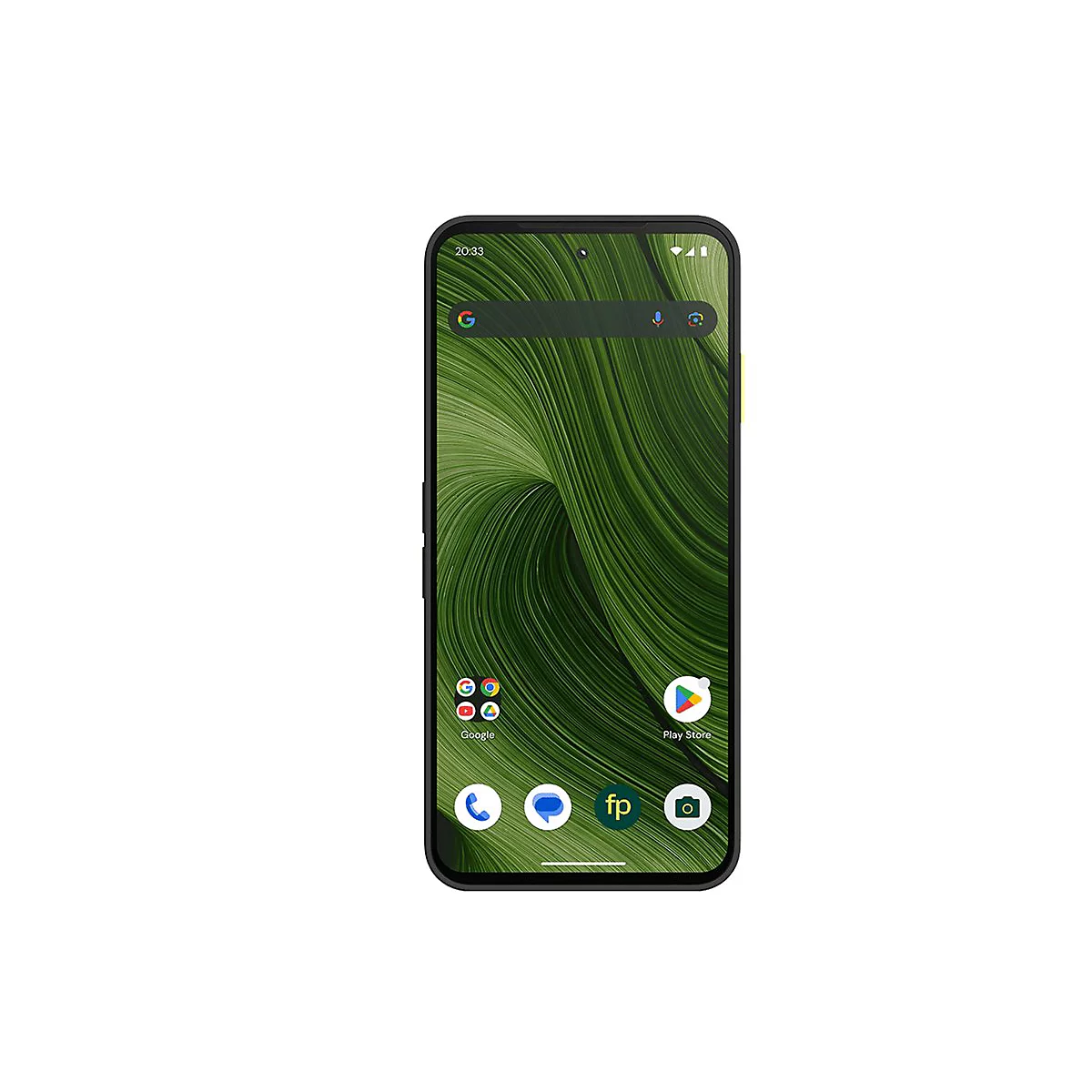 Smartphone vor weißem Hintergrund. Auf dem Display ist ein grünes, abstraktes Muster mit App-Icons zu sehen.