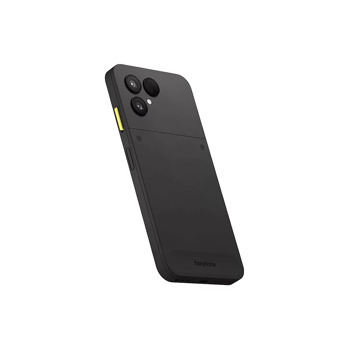 Smartphone Fairphone noir. Vue arrière avec caméra et logo.