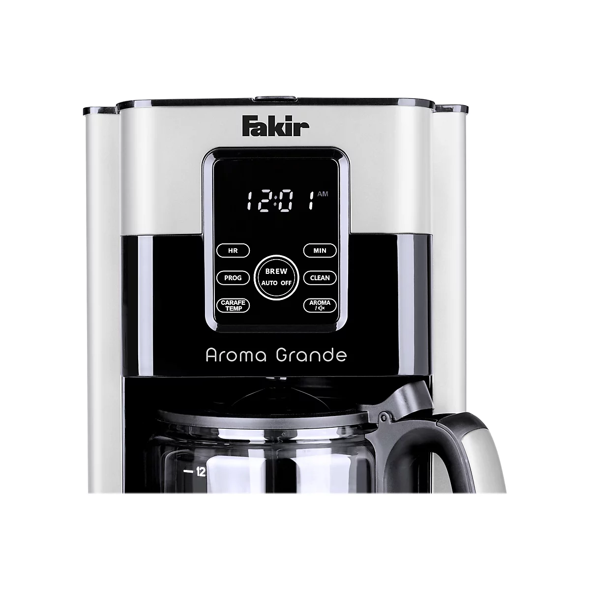Nahaufnahme der Vorderseite einer silber-schwarzen Fakir Aroma Grande Kaffeemaschine mit digitaler Anzeige.