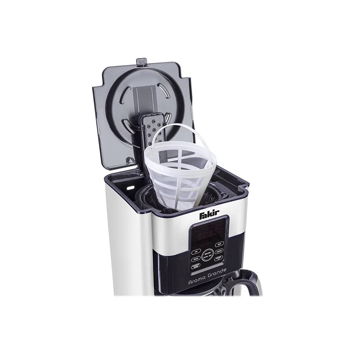Kaffeemaschine Fakir Aroma Grande mit offenem Deckel und herausnehmbarem weißem Permanentfilter.