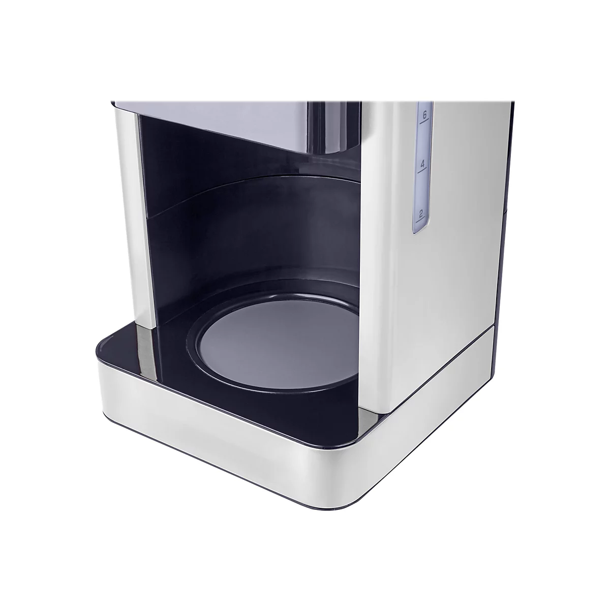 Nahaufnahme des leeren Stellplatzes einer Kaffeemaschine mit Wasserstandsanzeige.