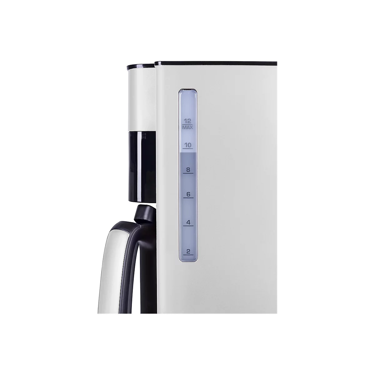 Nahaufnahme der Wasserstandsanzeige einer silbernen Kaffeemaschine mit Skala von 2 bis 12 Tassen.