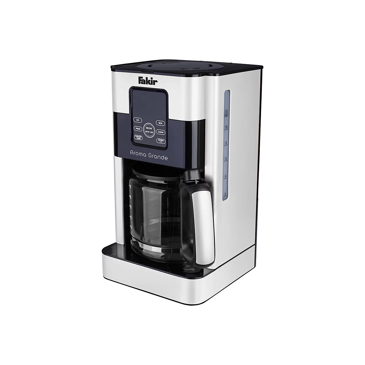 Silberne Fakir Aroma Grande Filterkaffeemaschine mit schwarzem Display und Glaskanne auf weißem Hintergrund.