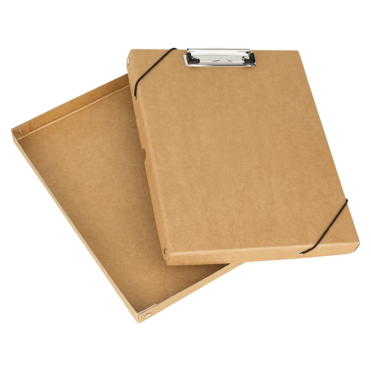 Presse-papiers marron avec boîte, couvercle ouvert à gauche, élastique, pince métallique, fond blanc.