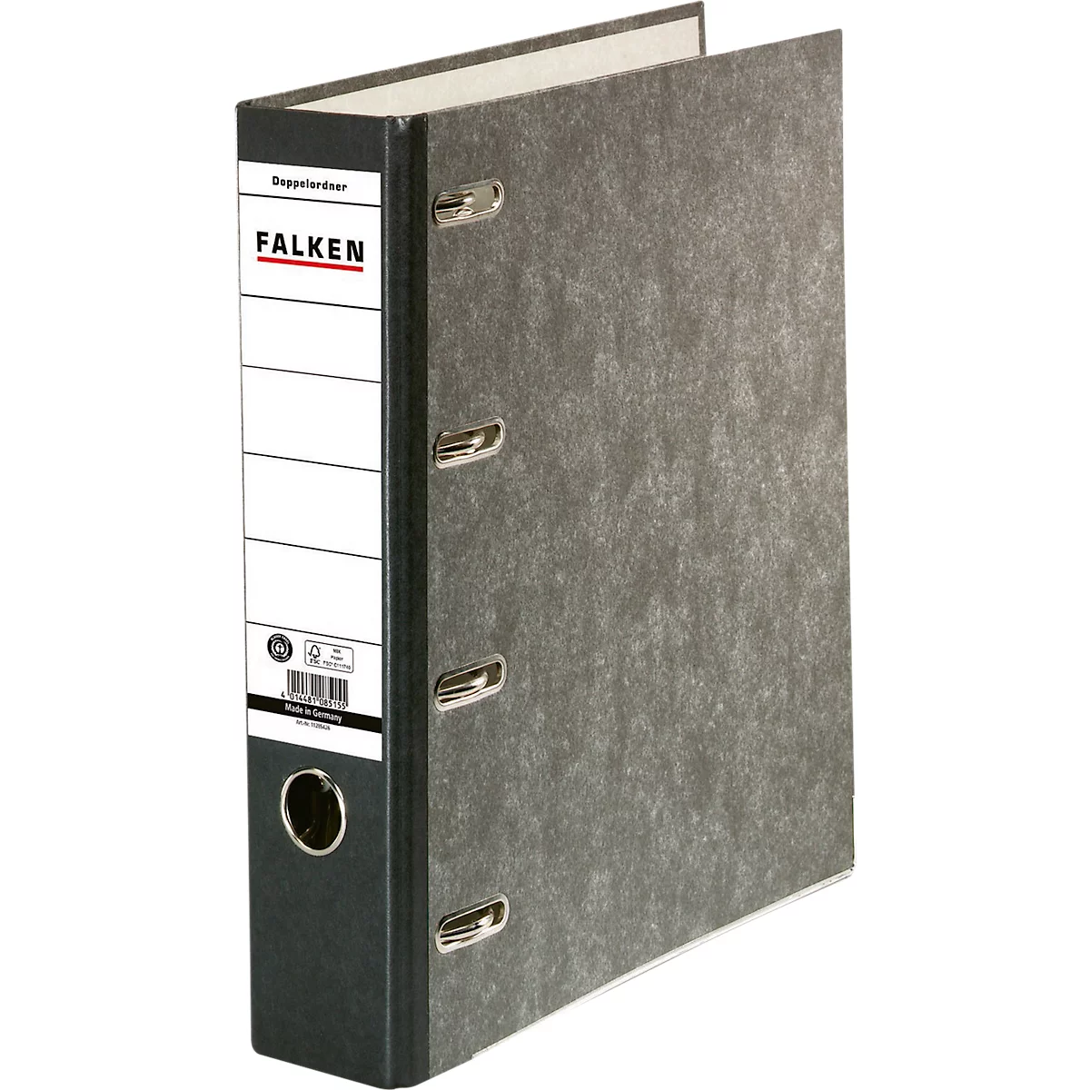 Grauer Aktenordner, mit Schriftzug FALKEN und weissem Label.