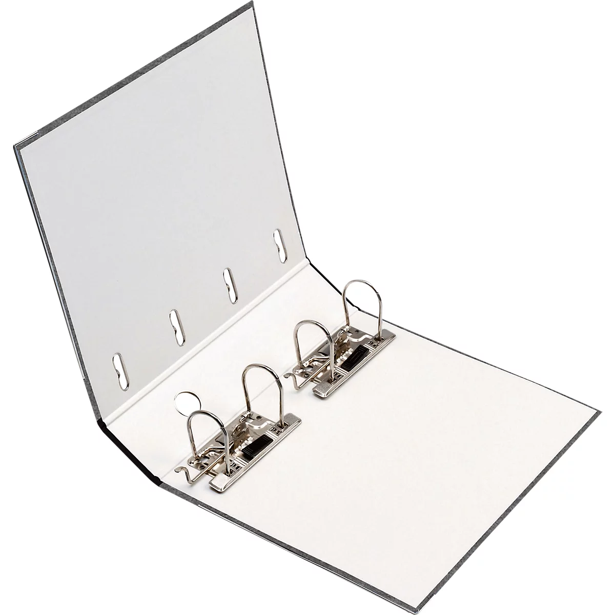 Offener, weißer Ordner mit silbernen Ringen und Lochung. Schwarz umrandet.