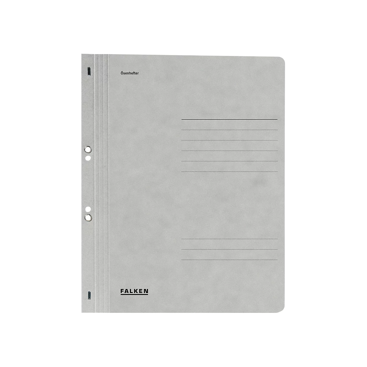 Gray Falken file folder with holes, lines, and lettering. There is a black line on the top left, the logo at the bottom.