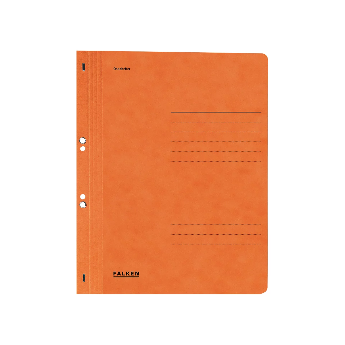 An orange Falken file folder, featuring the text "Falken" and perforated for punching.