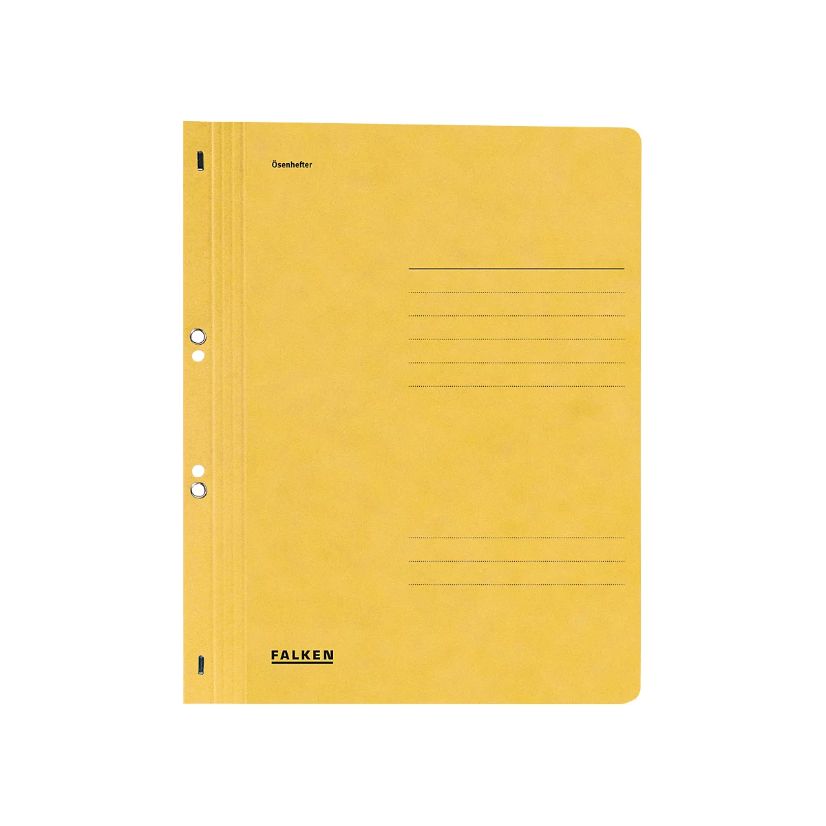 Yellow FALKEN file folder with hole, lettering, lines and logo.