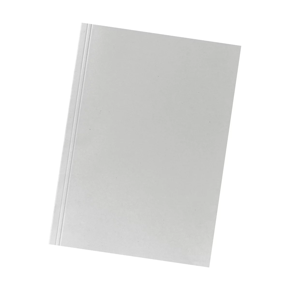 A gray book on a white background, held slightly at an angle.