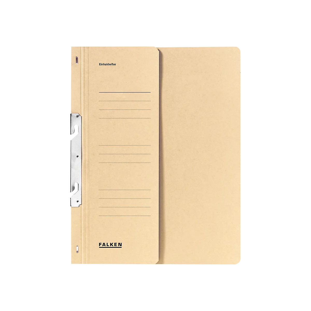 Beige Falken folder, opened. With lines for labeling, metallic lever closure, and the word 'FALKEN'.