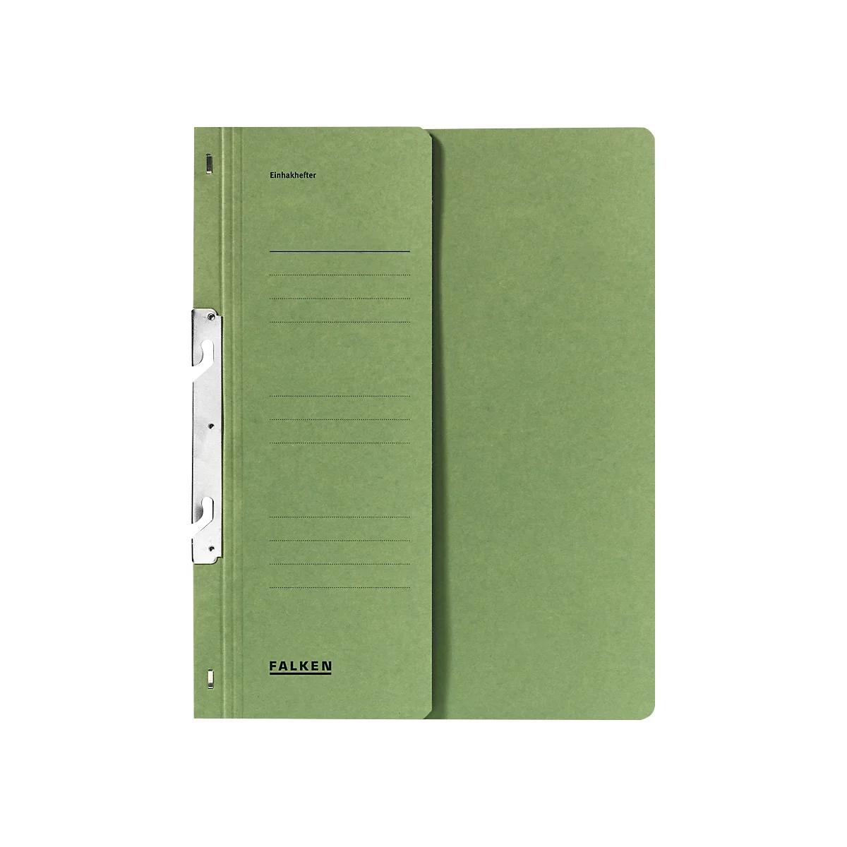 Green paper file with white clips, labels and the brand name Falken.