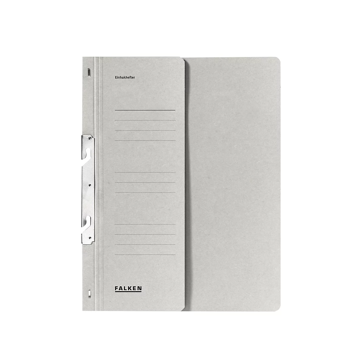 Grey Falken folder. On the left side there is a metal clip and lines for labeling.