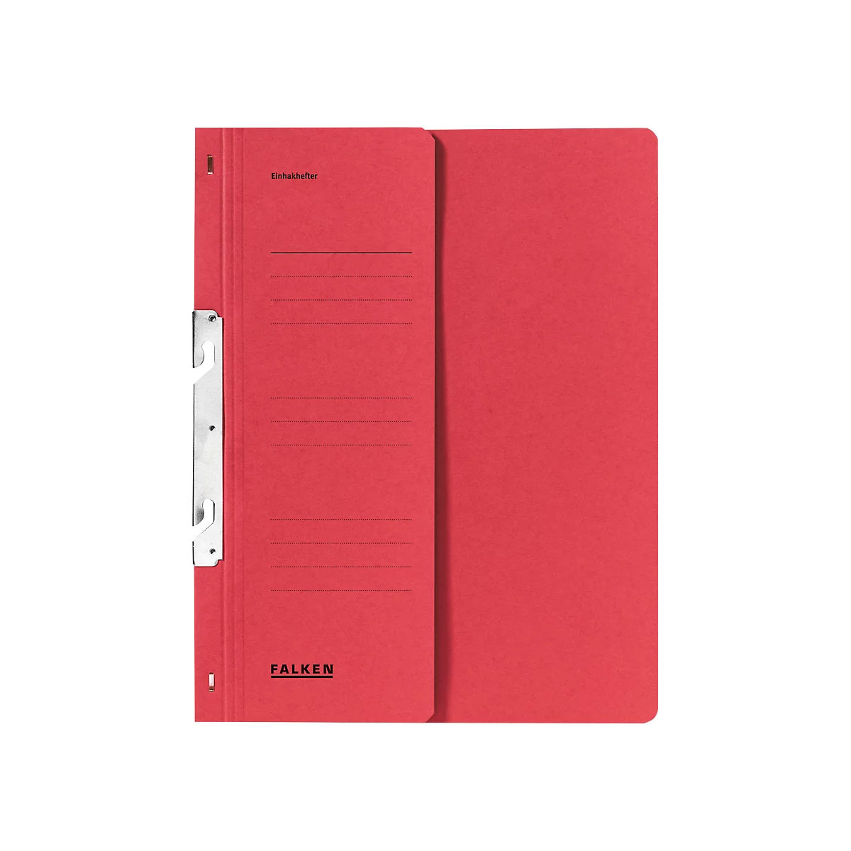 Red Falken file folder with metal clip and lettering.