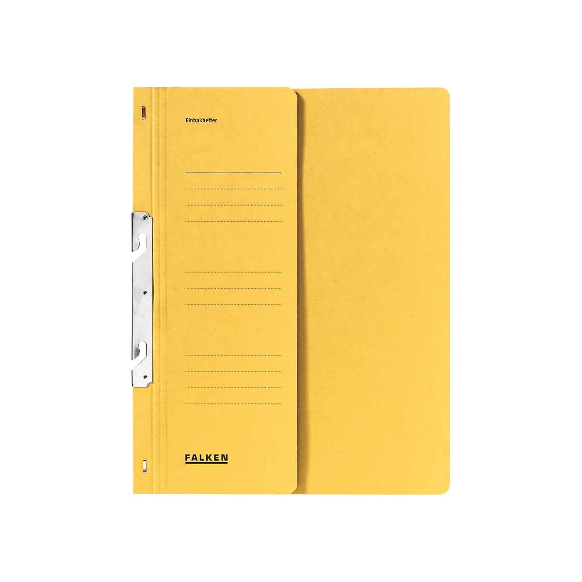Yellow Falken file folder with labels and a silver clip.
