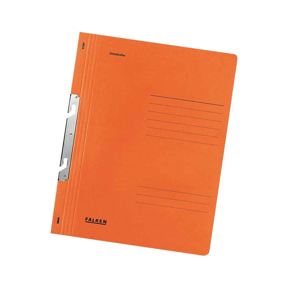 Orange Falken file folder with metal clasp and lines for labeling.