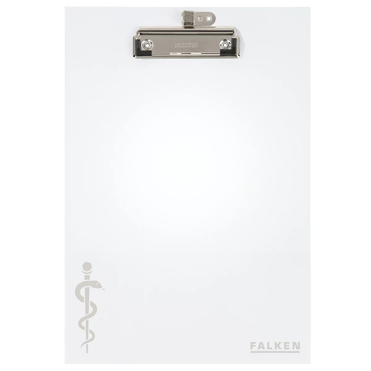 Wit klembord met zilveren clip, stafsymbool en Falken logo.