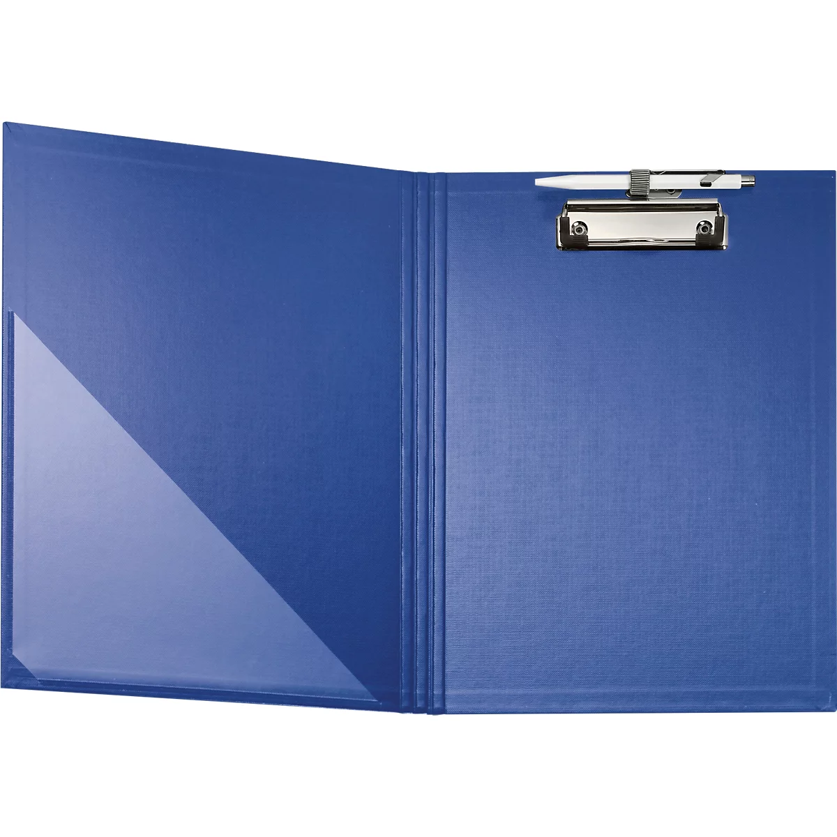 Blauer Klemmbrett-Ordner, geöffnet, mit Stifthalterung und Stift.