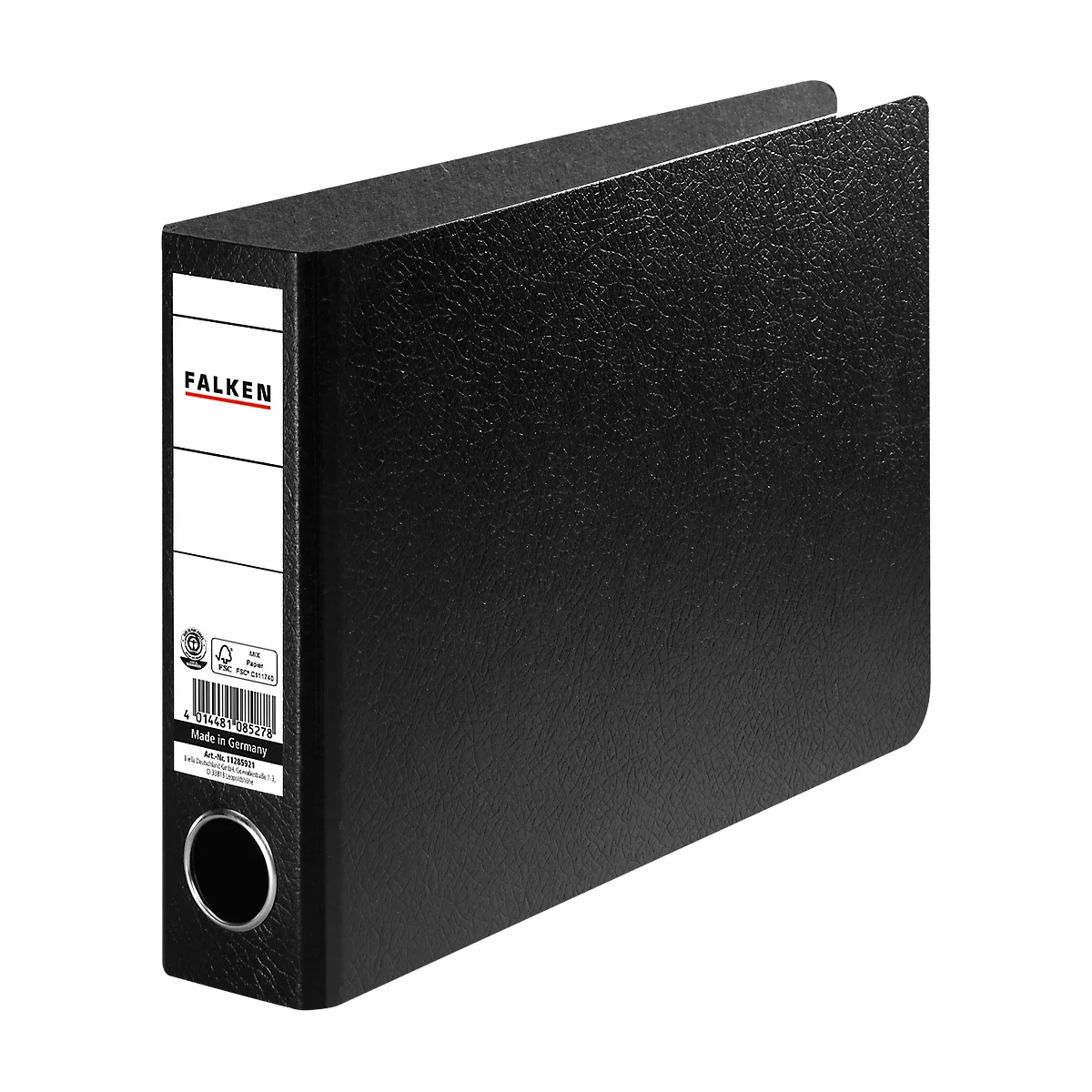 Schwarzer Ordner von Falken mit weißen Etiketten. Aufdruck: FALKEN. Rundes Loch für die Mechanik.