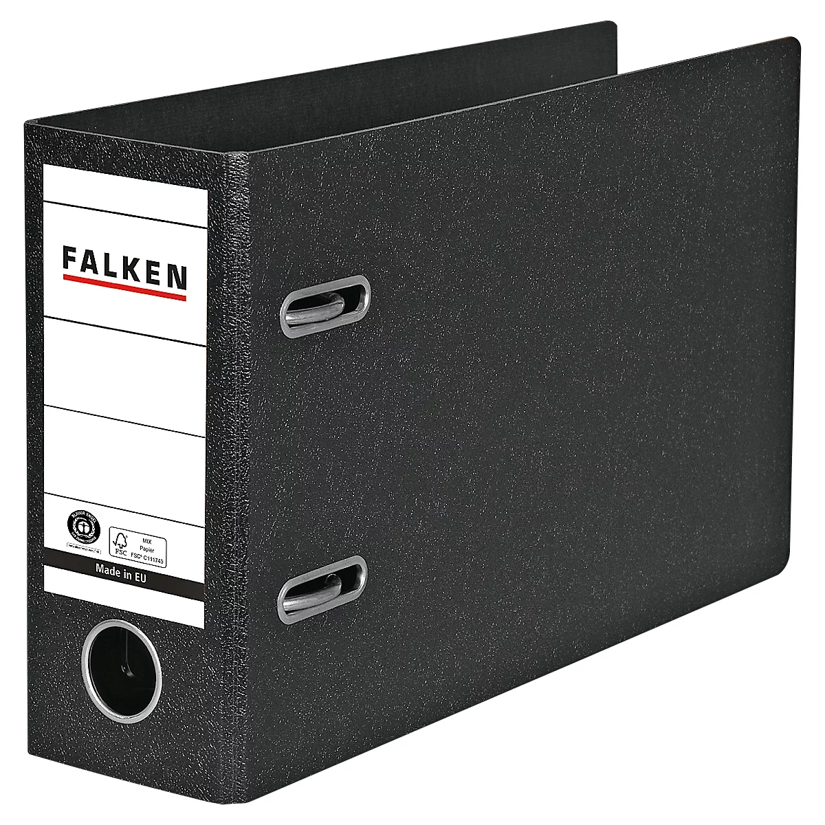 Schwarzer Aktenordner mit Label 'FALKEN' und silbernen Hebeln.