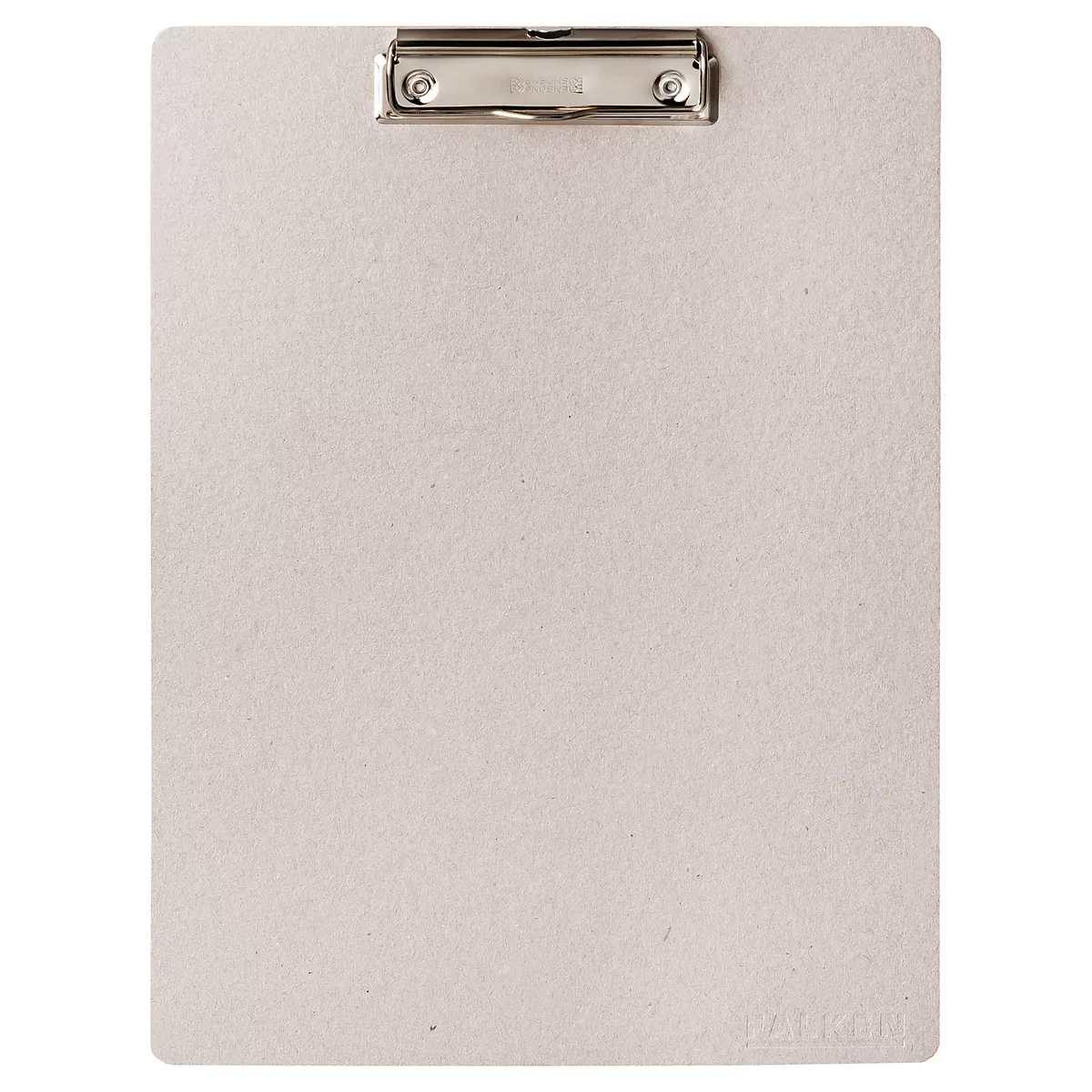 Presse-papiers gris clair sur fond blanc. Mécanisme de fixation métallique en haut.