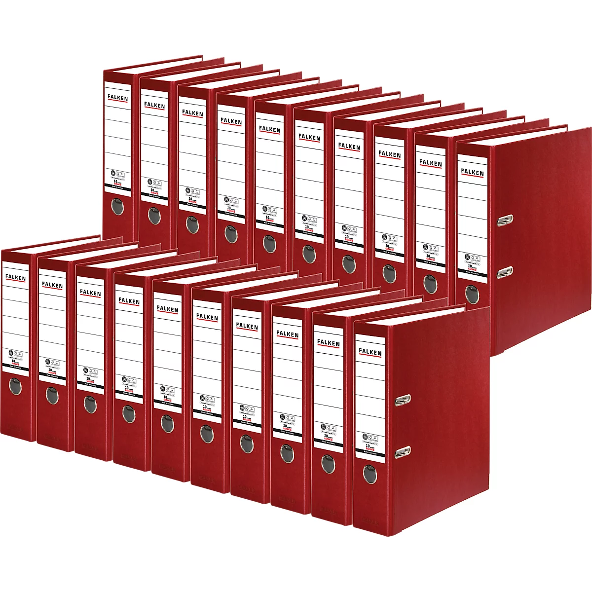 Red file folders, lined up side by side. White labels with the “Falken” logo can be seen on the folders.
