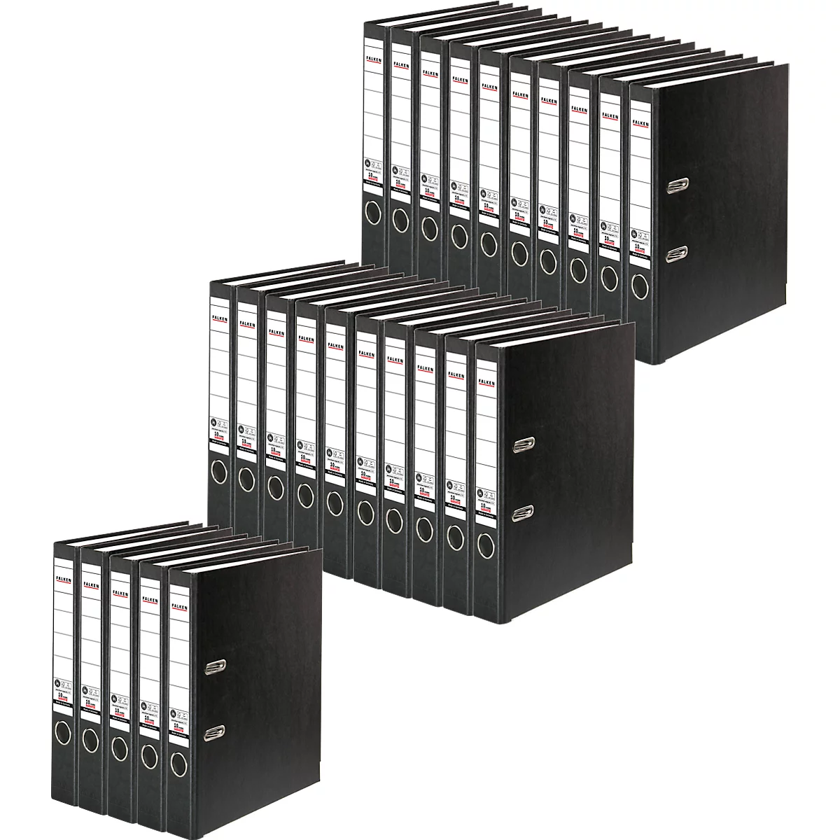Arrangement of black ring binders with white spine labels.