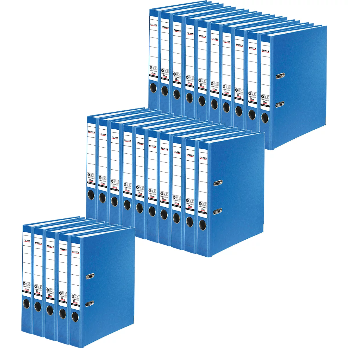 Blue file folders, stacked in different groups, with white labels.